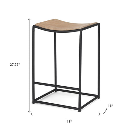 26" Natural And Black Solid Wood And Iron Backless Counter Height Bar Chair