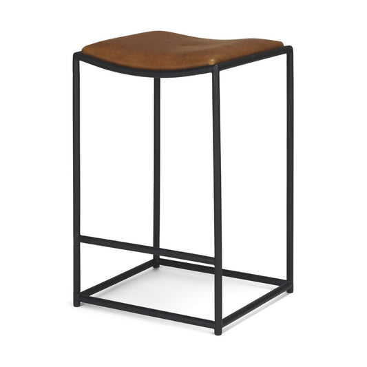 27" Brown And Black Genuine Leather And Iron Backless Counter Height Bar Chair