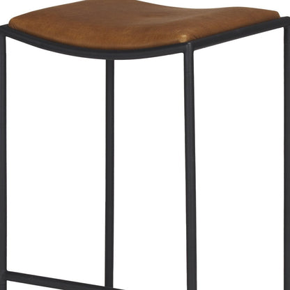 27" Brown And Black Genuine Leather And Iron Backless Counter Height Bar Chair