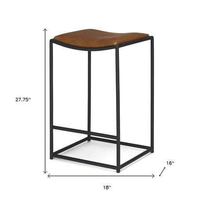 27" Brown And Black Genuine Leather And Iron Backless Counter Height Bar Chair