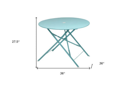 36" Aqua Rounded Aluminum Folding Outdoor Dining Table with Umbrella Hole