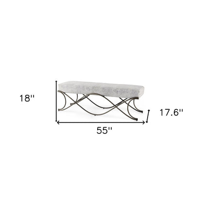 55" Dark Gray and Nickel Chenille and Metal Upholstered Bench