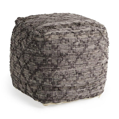 16" Brown and Gray Cotton And Leather Geometric Cube Pouf Ottoman