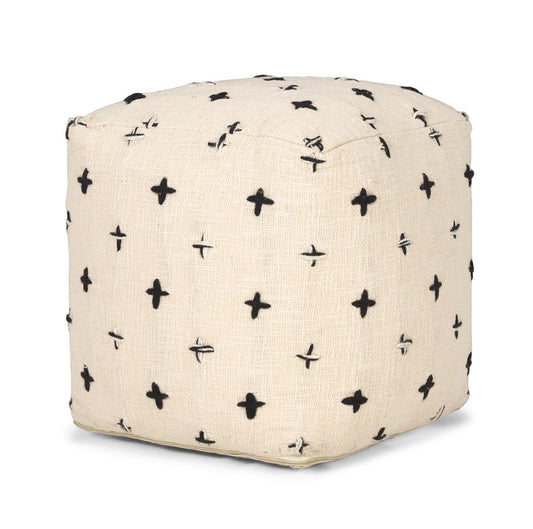16" Cream And Black Wool Polka Dots Cube Pouf Ottoman