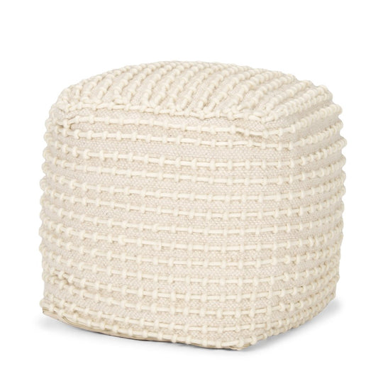 16" Beige and Cream Wool Striped Cube Pouf Ottoman
