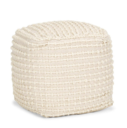 16" Beige and Cream Wool Striped Cube Pouf Ottoman