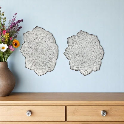 Set of Two Miranda Silver Flower Mandala Metal Hanging Dimensional Sculpture