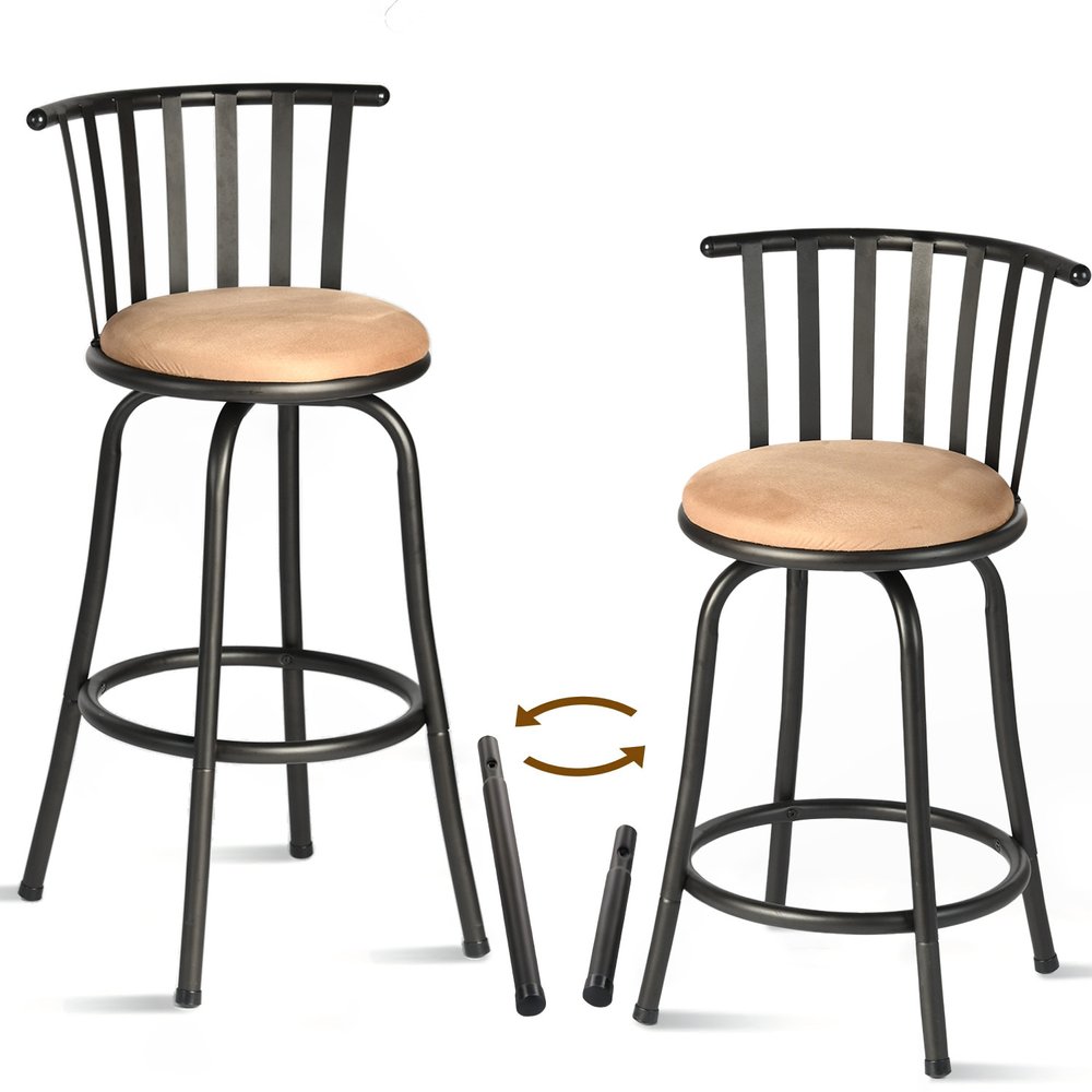 Set of Two Khaki And Black Suede And Faux Leather And Iron Low Back Adjustable Height Swivel Bar Chairs