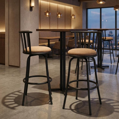 Set of Two Khaki And Black Suede And Faux Leather And Iron Low Back Adjustable Height Swivel Bar Chairs