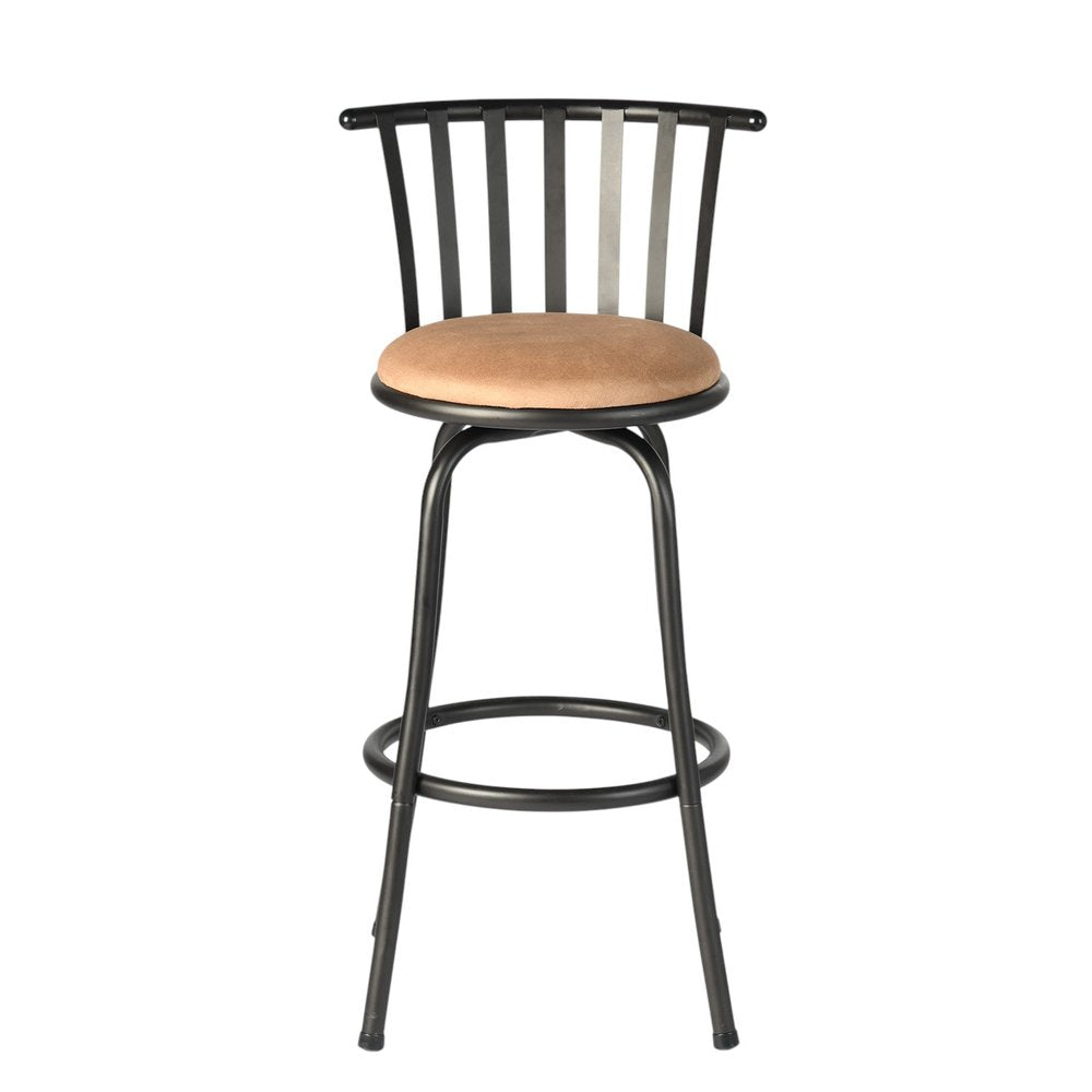 Set of Three Khaki And Black Suede And Faux Leather And Iron Low Back Adjustable Height Swivel Bar Chairs