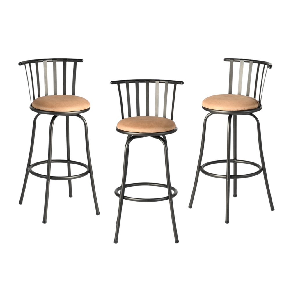 Set of Three Khaki And Black Suede And Faux Leather And Iron Low Back Adjustable Height Swivel Bar Chairs