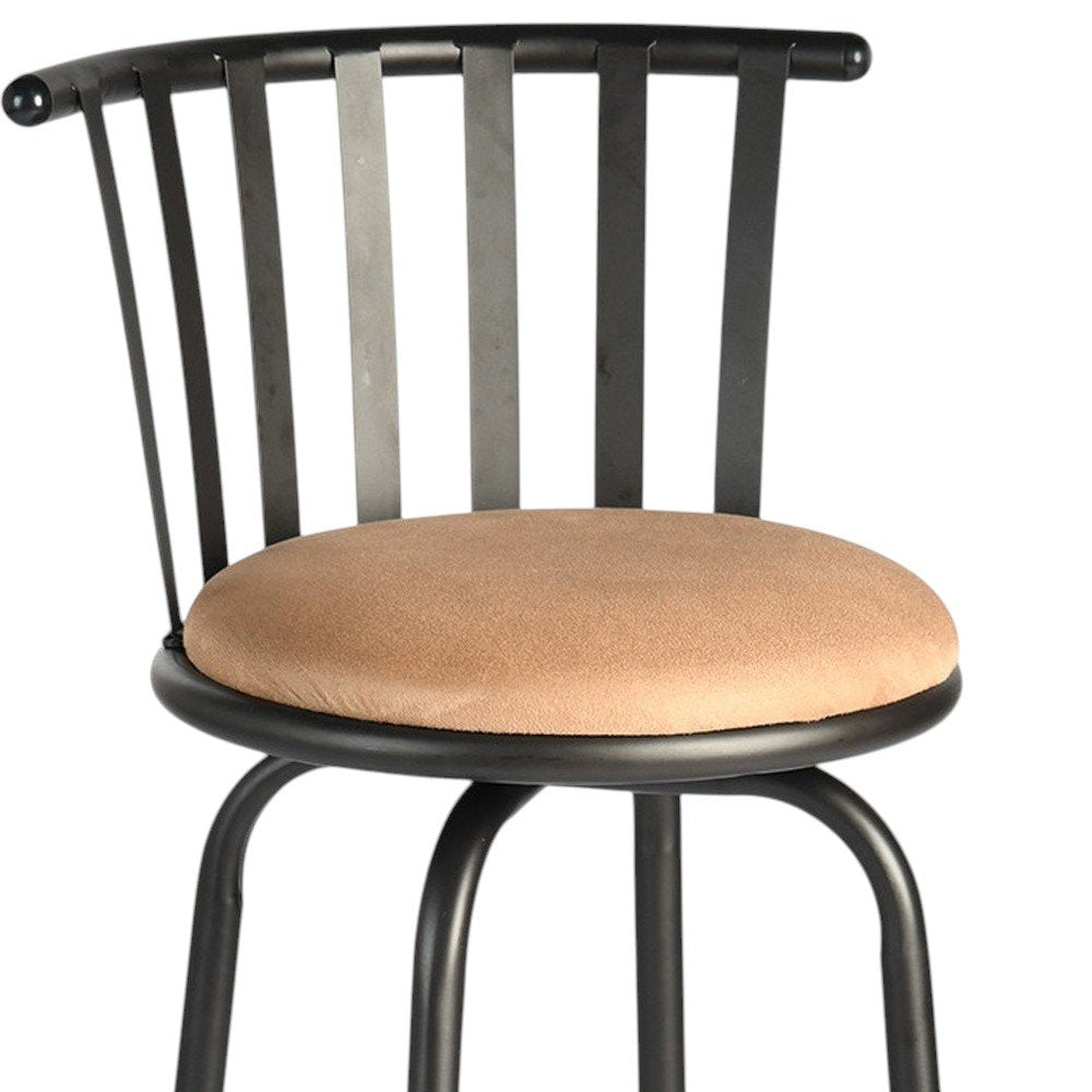Set of Three Khaki And Black Suede And Faux Leather And Iron Low Back Adjustable Height Swivel Bar Chairs