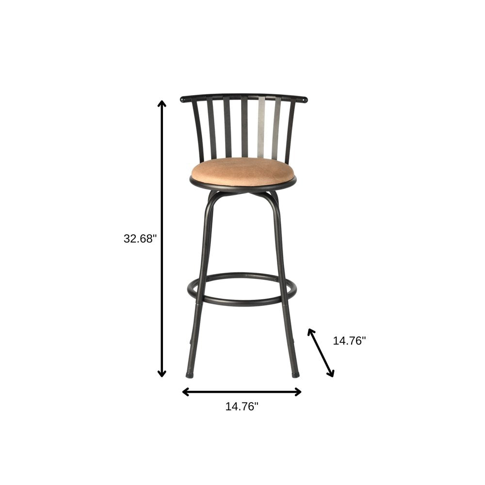 Set of Three Khaki And Black Suede And Faux Leather And Iron Low Back Adjustable Height Swivel Bar Chairs