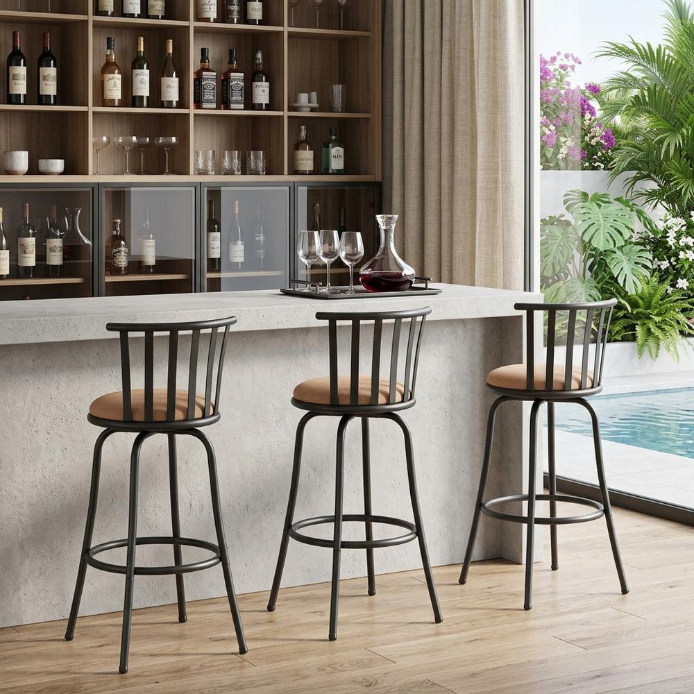Set of Three Khaki And Black Suede And Faux Leather And Iron Low Back Adjustable Height Swivel Bar Chairs