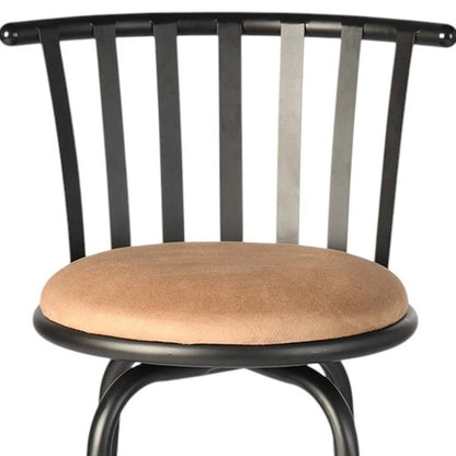 Set of Three Khaki And Black Suede And Faux Leather And Iron Low Back Adjustable Height Swivel Bar Chairs