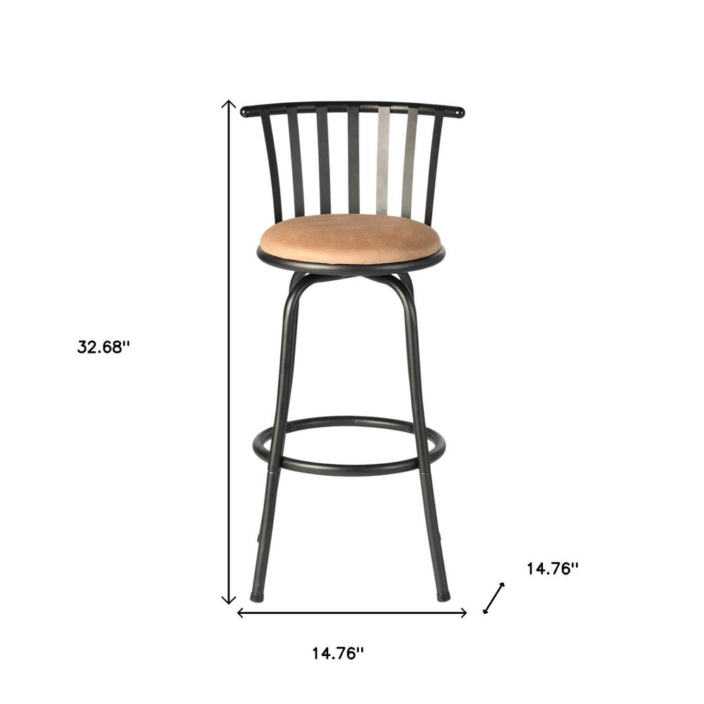 Set of Three Khaki And Black Suede And Faux Leather And Iron Low Back Adjustable Height Swivel Bar Chairs