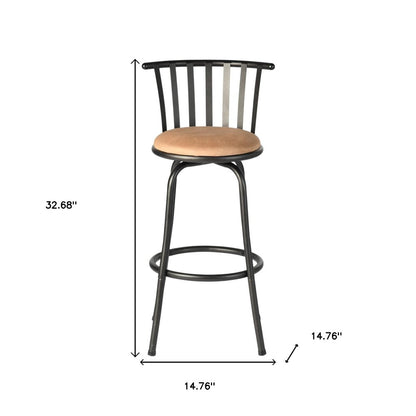 Set of Three Khaki And Black Suede And Faux Leather And Iron Low Back Adjustable Height Swivel Bar Chairs