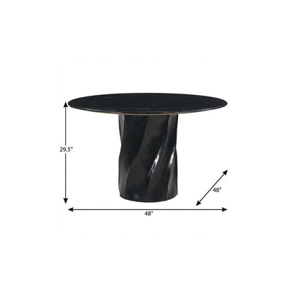 48" Black Marble and Wood Pedestal Base Round Top Dining Table