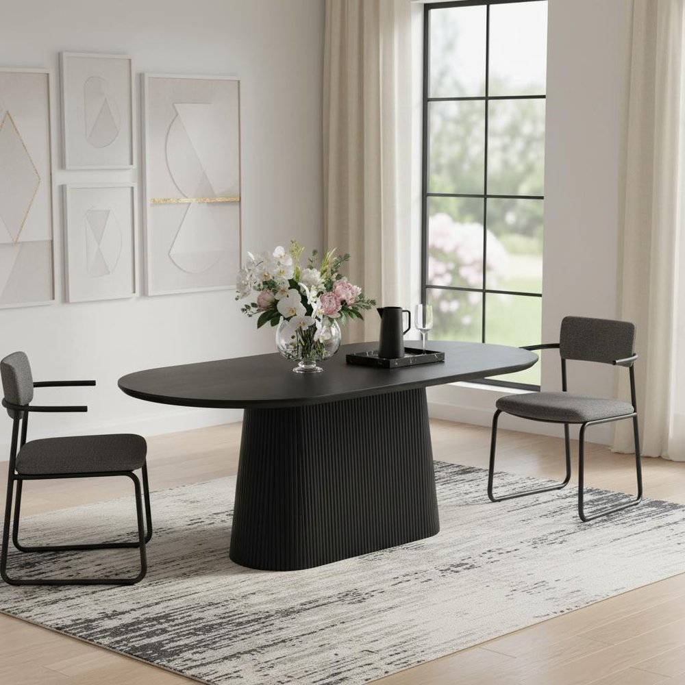 81" Black Wood Pedestal Base Oval Dining Table