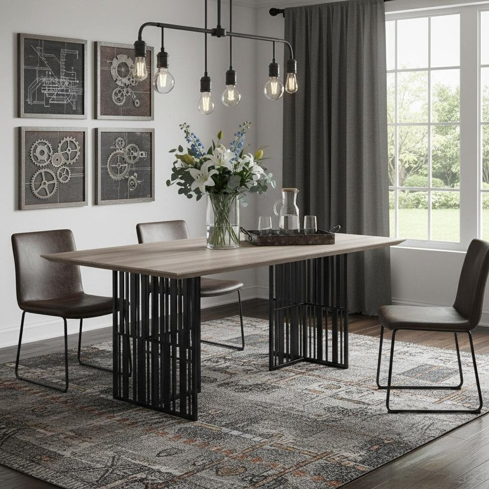 72" Oak And Black Wood And Iron Double Pedestal Base Dining Table