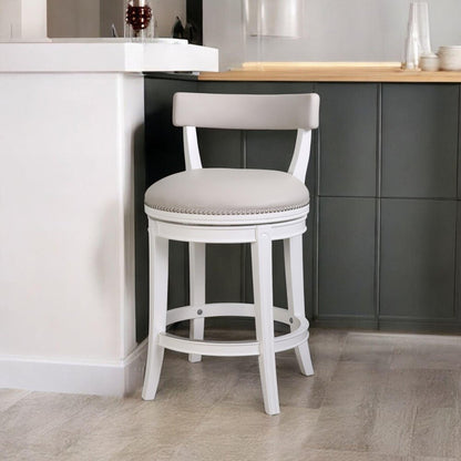 26" Gray And White Faux Leather And Solid Wood Low Back Counter Height Swivel Bar Chair