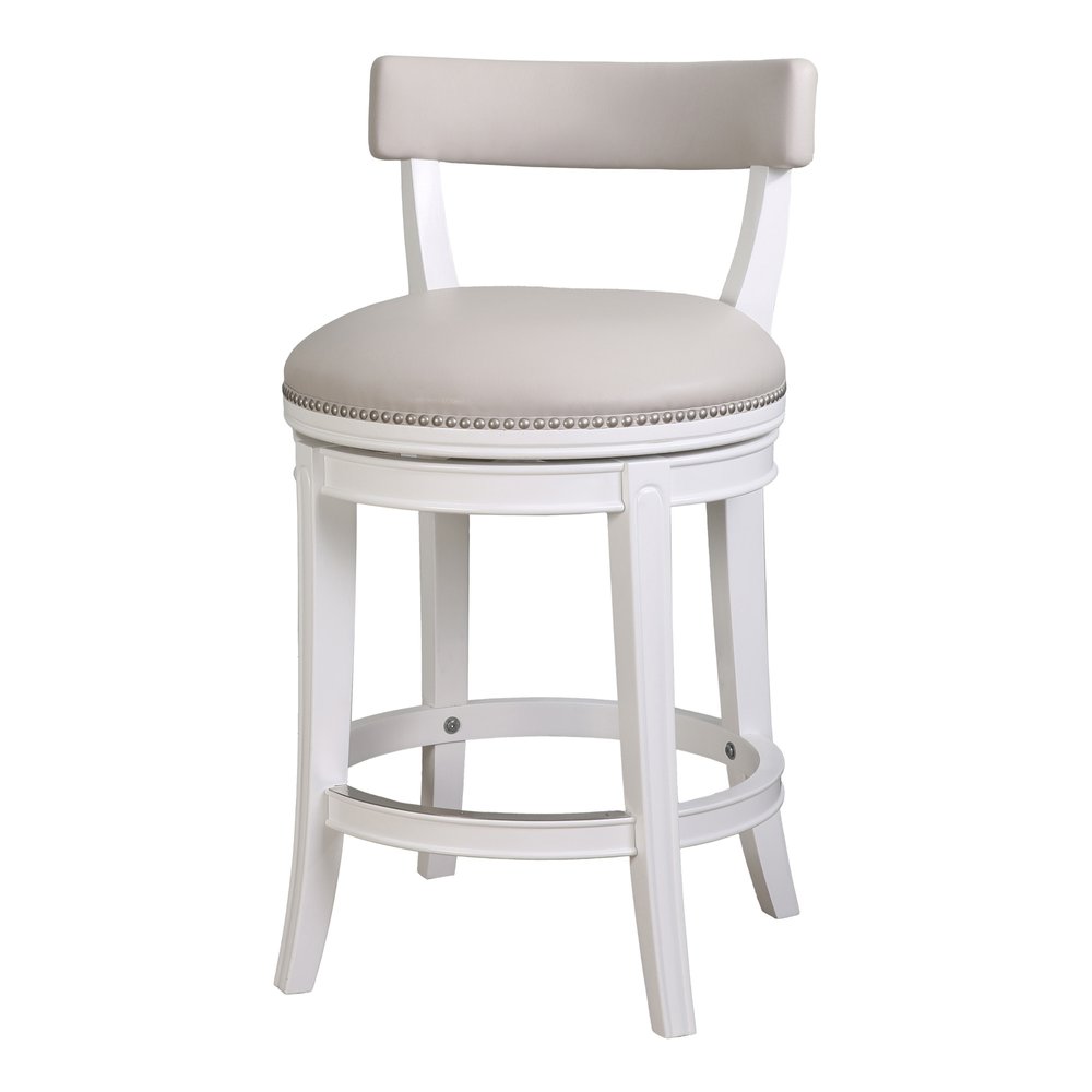 26" Gray And White Faux Leather And Solid Wood Low Back Counter Height Swivel Bar Chair