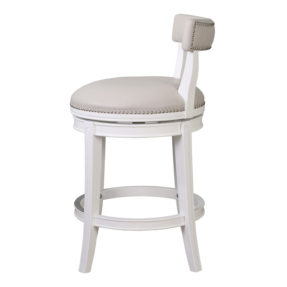 26" Gray And White Faux Leather And Solid Wood Low Back Counter Height Swivel Bar Chair
