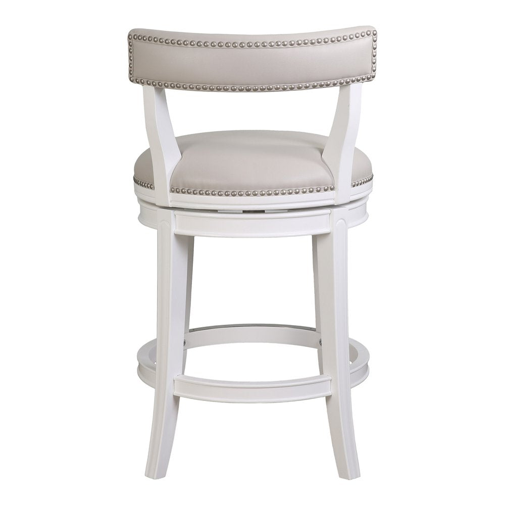 26" Gray And White Faux Leather And Solid Wood Low Back Counter Height Swivel Bar Chair