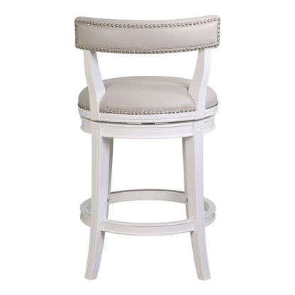 26" Gray And White Faux Leather And Solid Wood Low Back Counter Height Swivel Bar Chair