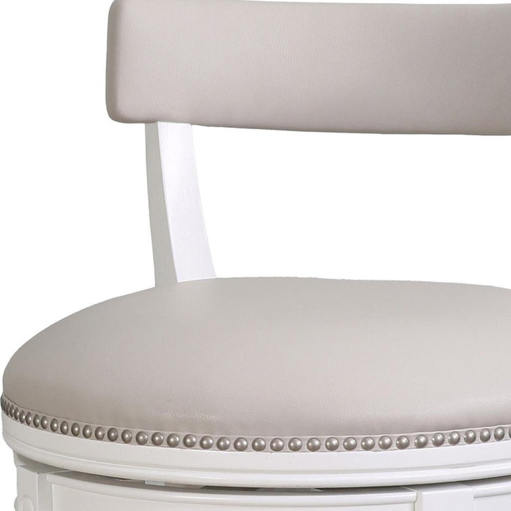 26" Gray And White Faux Leather And Solid Wood Low Back Counter Height Swivel Bar Chair