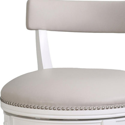 26" Gray And White Faux Leather And Solid Wood Low Back Counter Height Swivel Bar Chair