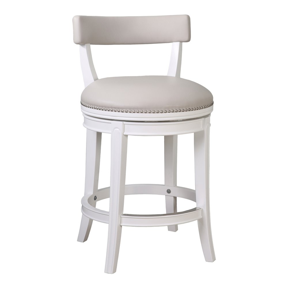 26" Gray And White Faux Leather And Solid Wood Low Back Counter Height Swivel Bar Chair