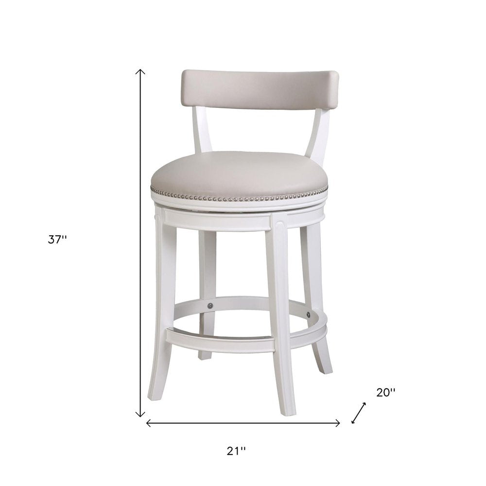 26" Gray And White Faux Leather And Solid Wood Low Back Counter Height Swivel Bar Chair