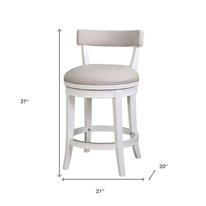 26" Gray And White Faux Leather And Solid Wood Low Back Counter Height Swivel Bar Chair