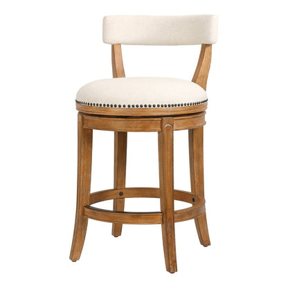 26" Linen And Brown Fabric And Solid Wood Low Back Counter Height Swivel Bar Chair