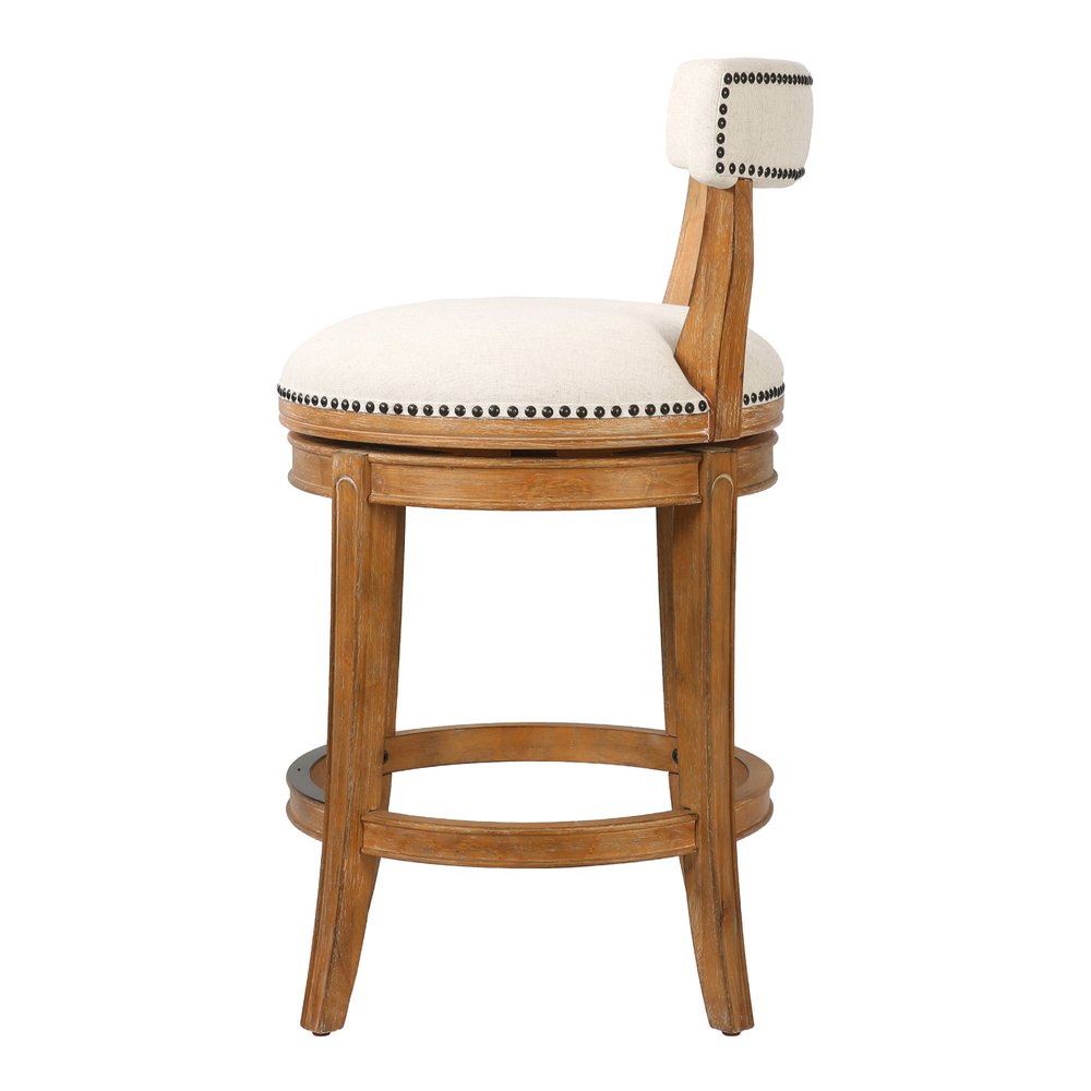 26" Linen And Brown Fabric And Solid Wood Low Back Counter Height Swivel Bar Chair