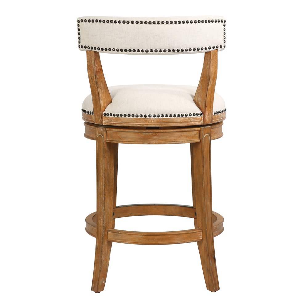 26" Linen And Brown Fabric And Solid Wood Low Back Counter Height Swivel Bar Chair