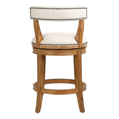 26" Linen And Brown Fabric And Solid Wood Low Back Counter Height Swivel Bar Chair