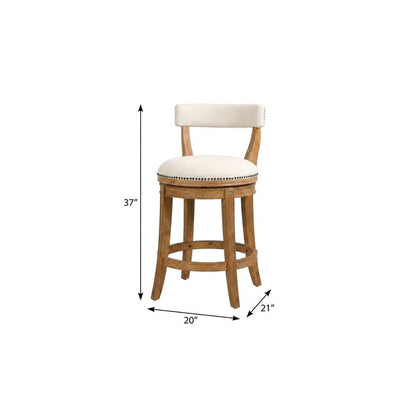 26" Linen And Brown Fabric And Solid Wood Low Back Counter Height Swivel Bar Chair