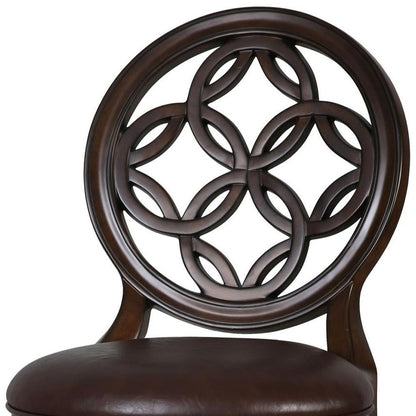 26" Dark Brown And Walnut Faux Leather And Solid Wood Counter Height Swivel Bar Chair