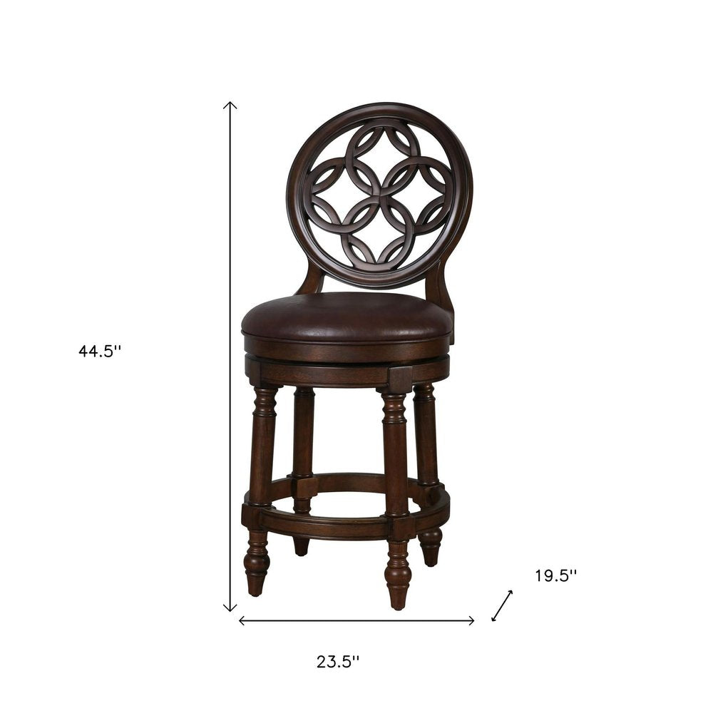 26" Dark Brown And Walnut Faux Leather And Solid Wood Counter Height Swivel Bar Chair