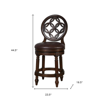26" Dark Brown And Walnut Faux Leather And Solid Wood Counter Height Swivel Bar Chair