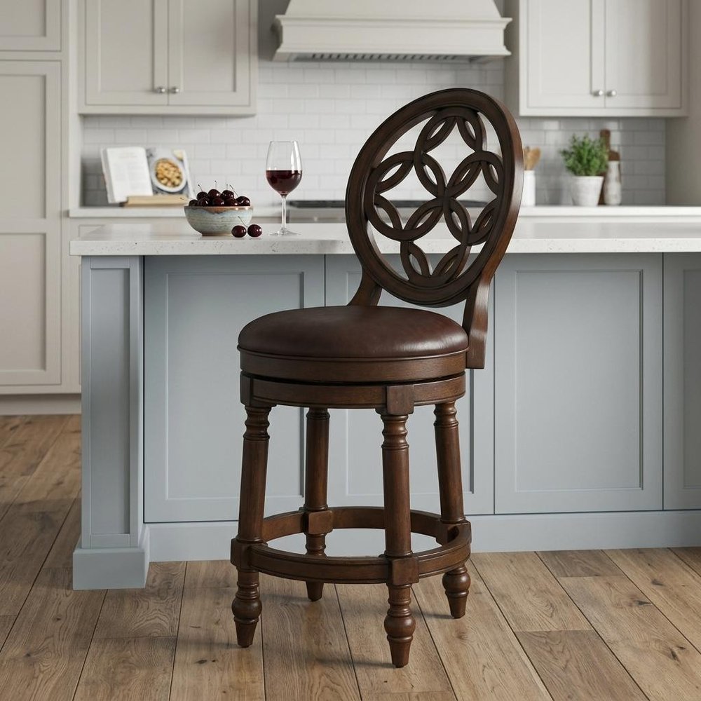 26" Dark Brown And Walnut Faux Leather And Solid Wood Counter Height Swivel Bar Chair