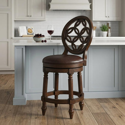 26" Dark Brown And Walnut Faux Leather And Solid Wood Counter Height Swivel Bar Chair