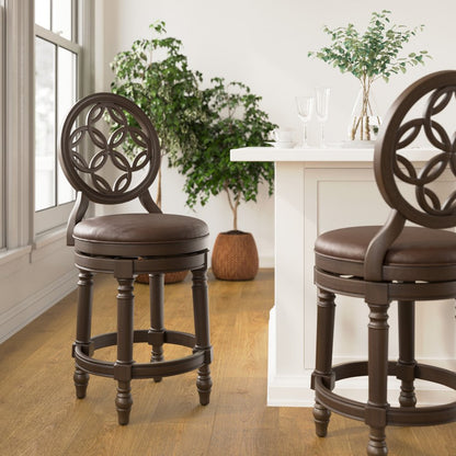 26" Dark Brown And Walnut Faux Leather And Solid Wood Counter Height Swivel Bar Chair