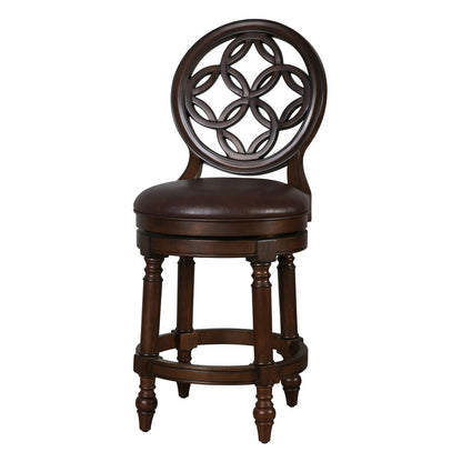 26" Dark Brown And Walnut Faux Leather And Solid Wood Counter Height Swivel Bar Chair