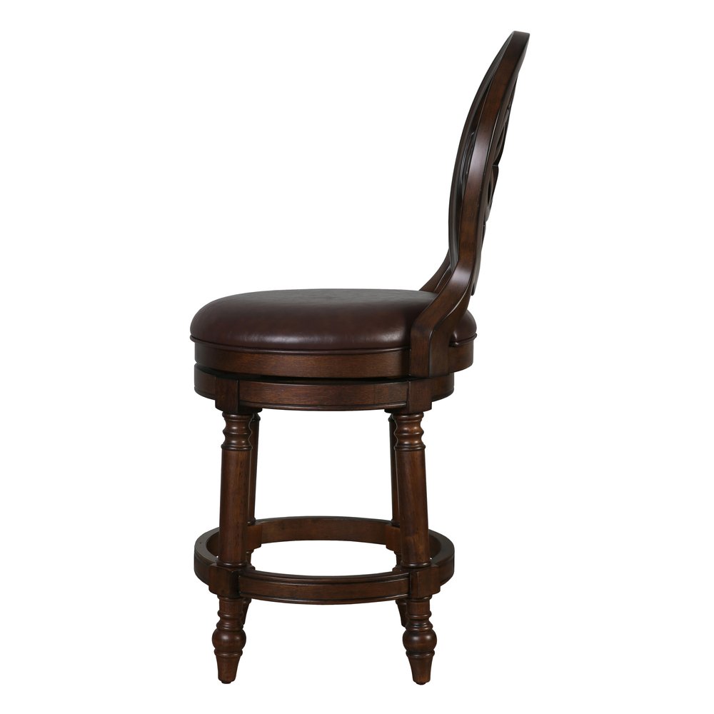 26" Dark Brown And Walnut Faux Leather And Solid Wood Counter Height Swivel Bar Chair