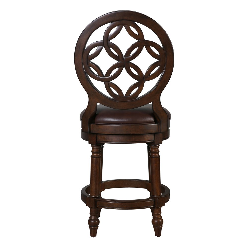 26" Dark Brown And Walnut Faux Leather And Solid Wood Counter Height Swivel Bar Chair