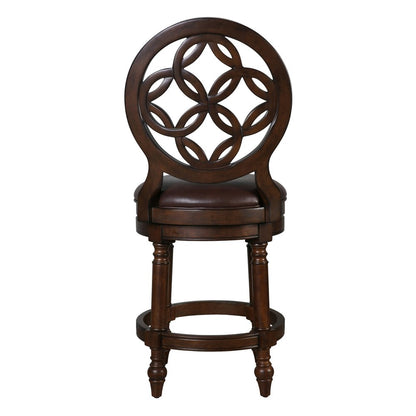 26" Dark Brown And Walnut Faux Leather And Solid Wood Counter Height Swivel Bar Chair