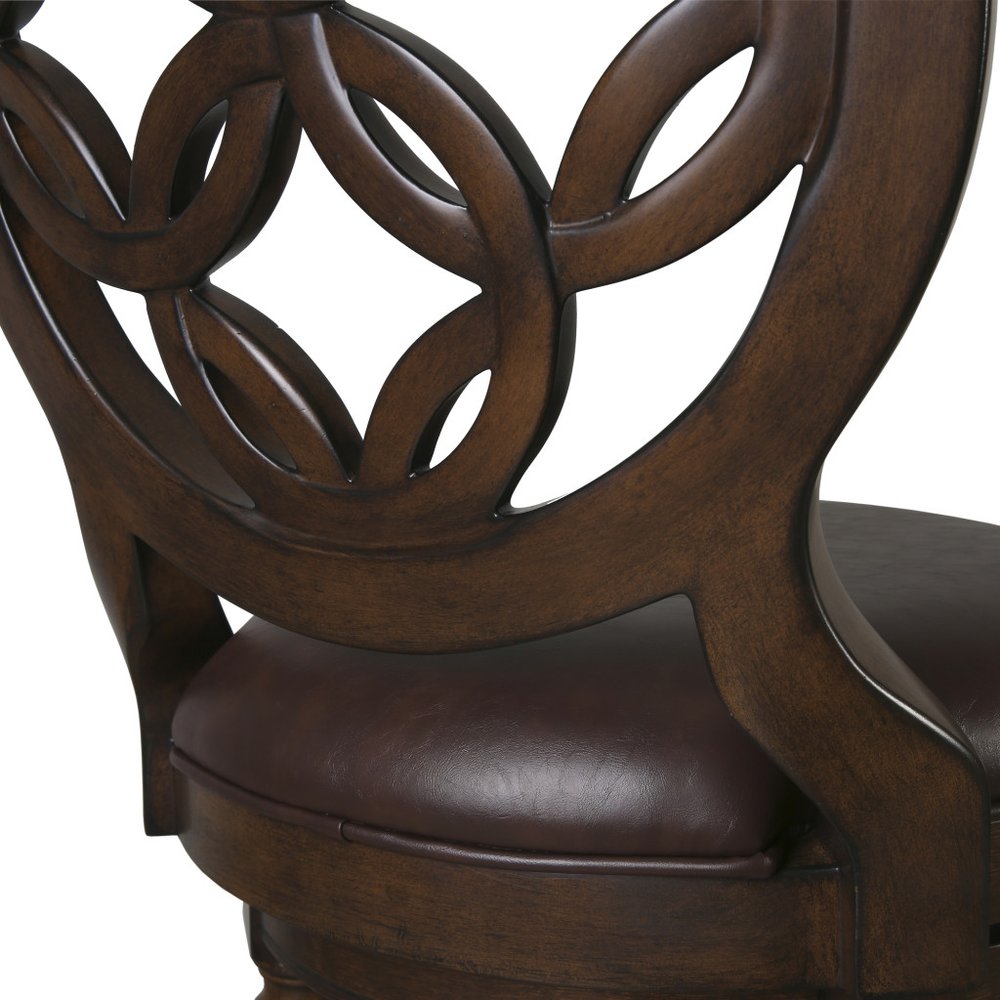 26" Dark Brown And Walnut Faux Leather And Solid Wood Counter Height Swivel Bar Chair